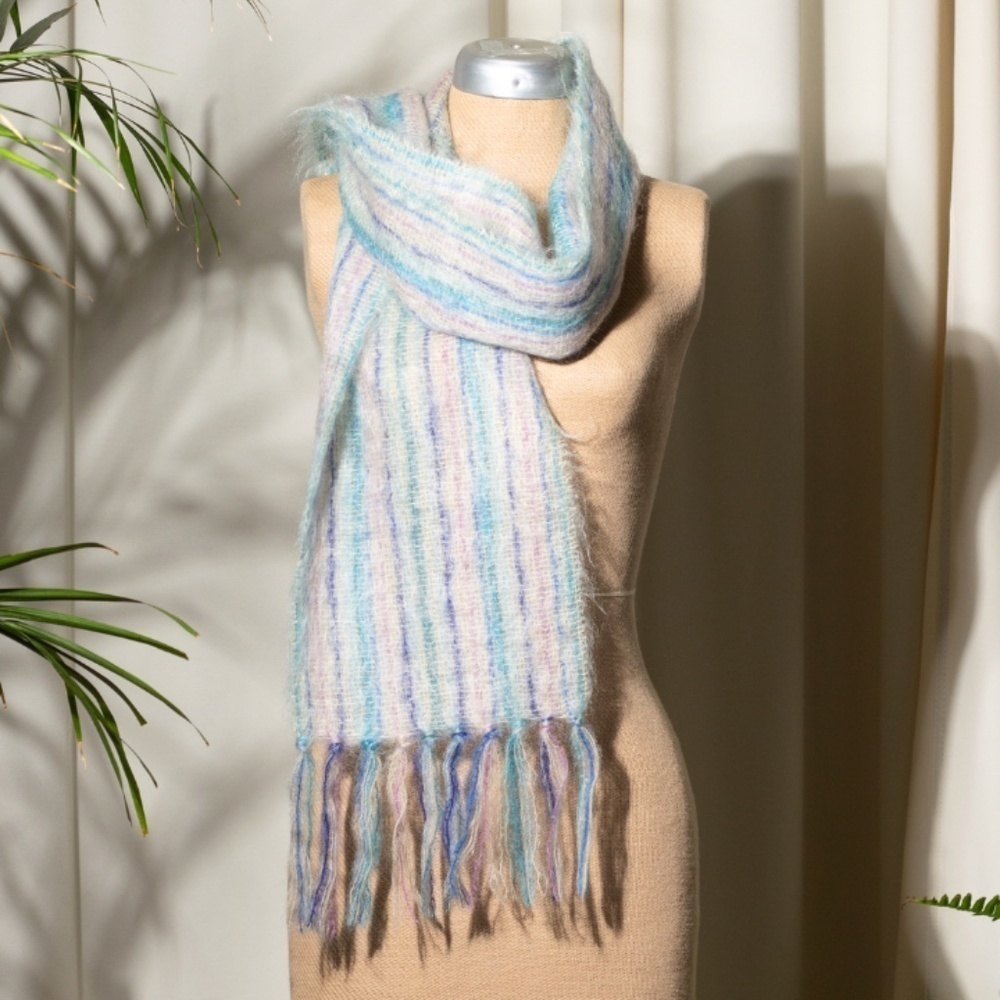 Royal Scot Striped Mohair Wool Blend Scarf ca. 1960s Teal Purple Blue Pink Knit